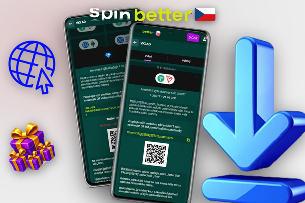 Mobilní krypto peněženka skenuje QR kód pokladny Spinbetter