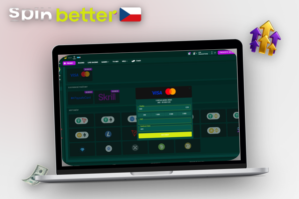 Hráč vybírá platební metodu v pokladně Spinbetter na notebooku