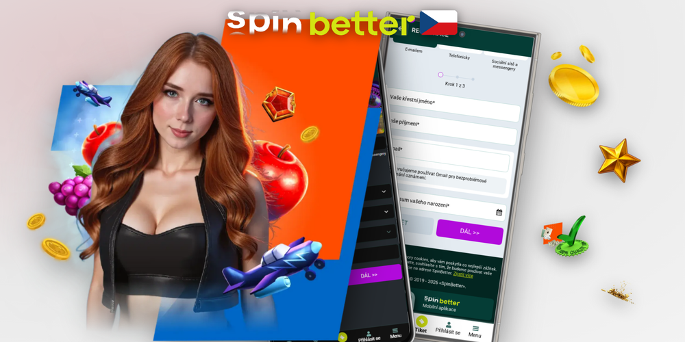 Infografika pěti kroků Spinbetter register od tlačítka registrace až po první vklad
